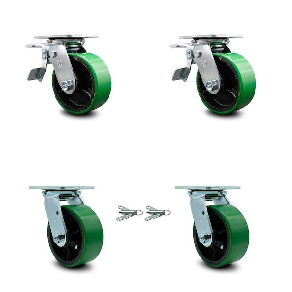 5 Inch Green Poly on Steel Caster Set with Ball Bearings 2 Brakes 2 Swivel Locks
